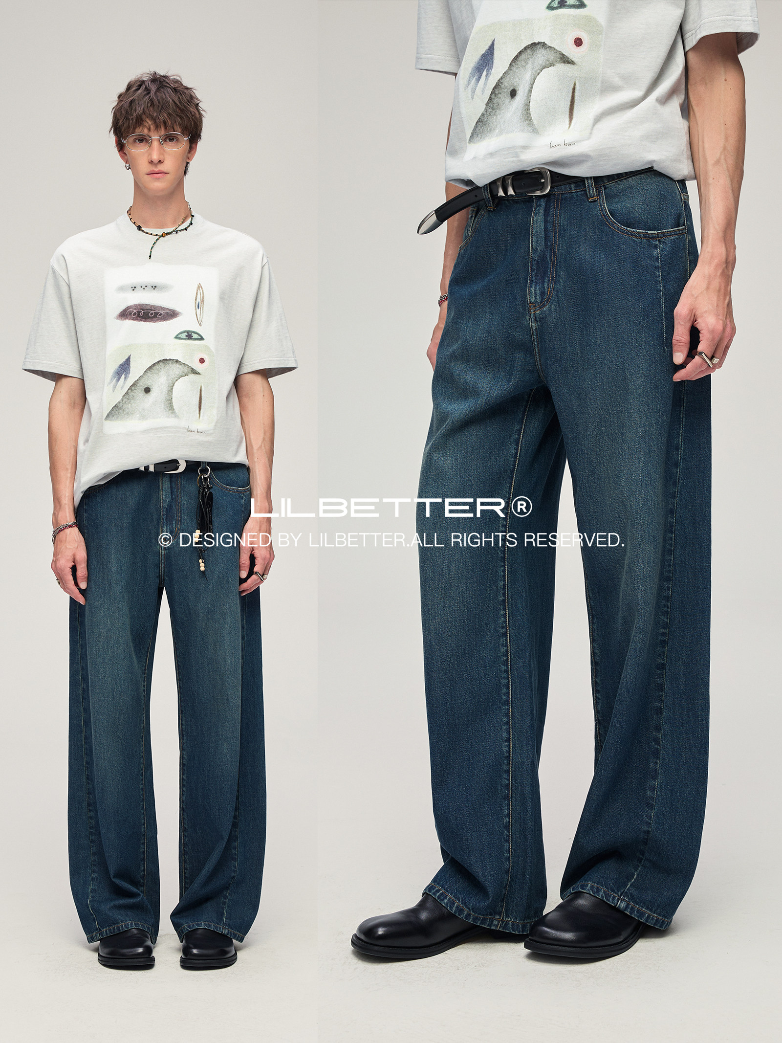 LilBetter リヨセルテンセルコットン&リネンジーンズ 11オンスサマーシンビンテージブルールーズストレートパンツ LB