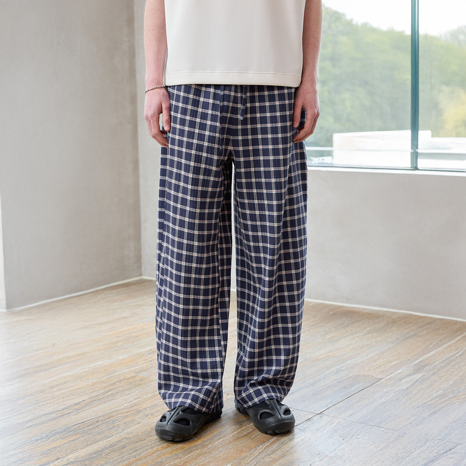 Lilbetter泡泡纱格纹休闲长裤
