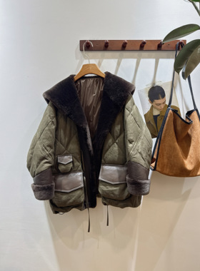 “暖绒抹茶”欧货高级皮毛一体拼接羊毛鹅绒亚麻皮草鹅绒服外套女