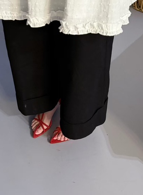 howwear法式小猫高跟小众高级感夏季露趾真皮红色细带尖头凉鞋女