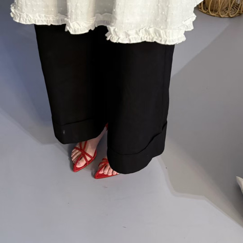 howwear法式小猫高跟小众高级感夏季露趾真皮红色细带尖头凉鞋女