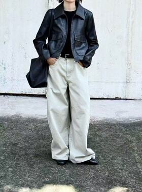 江江好spa2025新款复古翻领拉链皮衣外套女宽松休闲夹克上衣