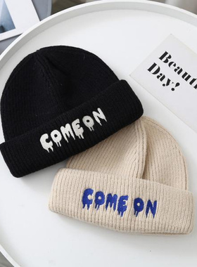 日系潮人字母刺绣毛线帽子女秋冬季保暖护耳百搭蓝色针织帽冷帽男