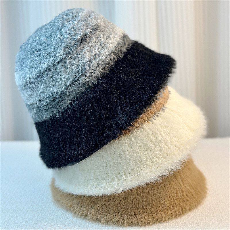 小女冬款水桶加厚显脸保暖拼色针织彩色毛绒防寒大帽檐盆帽帽