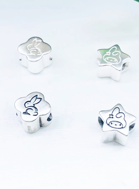 S999纯银3D硬足银做旧复古泰银生肖幸运星星本命年兔红绳手串配件