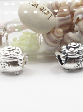 S999纯银项链首饰精品3D硬银做旧复古泰银招财元宝聚宝盆红绳配件