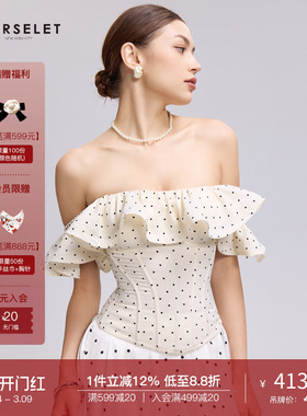 CORSELET白底黑波卡尔点抹胸复古荷叶边一字肩泡泡袖外穿鱼骨胸衣