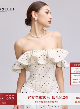 CORSELET白底黑波卡尔点抹胸复古荷叶边一字肩泡泡袖外穿鱼骨胸衣