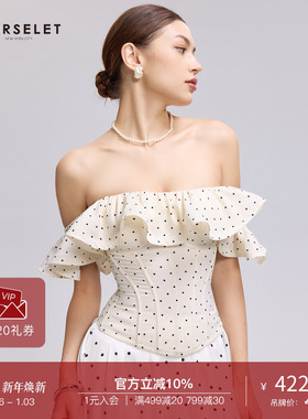 CORSELET白底黑波卡尔点抹胸复古荷叶边一字肩泡泡袖外穿鱼骨胸衣