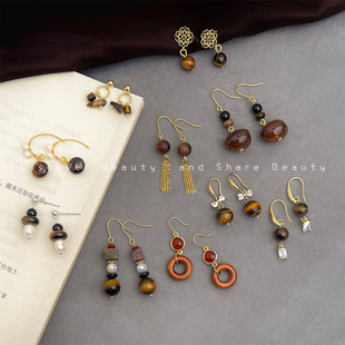 醉木樨｜新中式虎眼石耳环手作淡水珍珠耳钉焦糖色复古文艺耳饰女