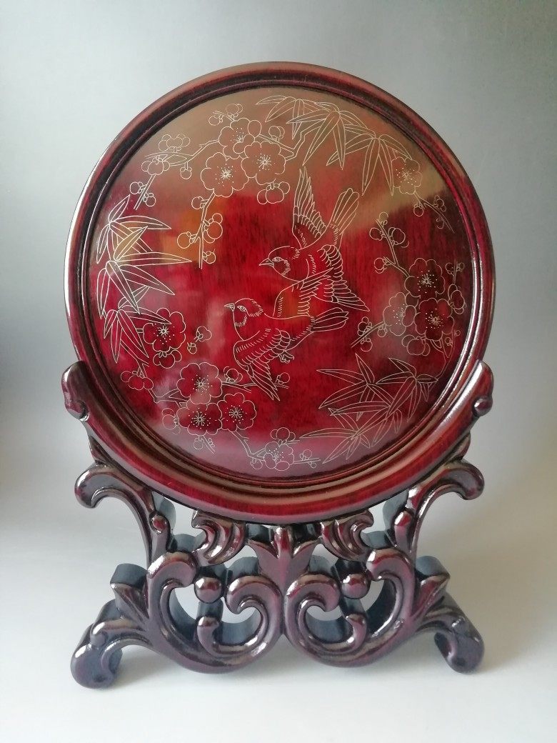 促销包邮潍坊特色礼品红木嵌银漆器看盘圆屏传统工艺品纪念品摆件