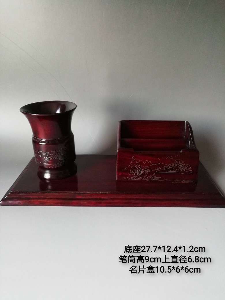 中国潍坊红木嵌银漆器特色工艺品家居摆件名片盒笔筒礼品镶嵌银丝