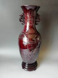 中国风特色潍坊红木嵌银漆器工艺品装饰摆件大花瓶松鹤延年带底座