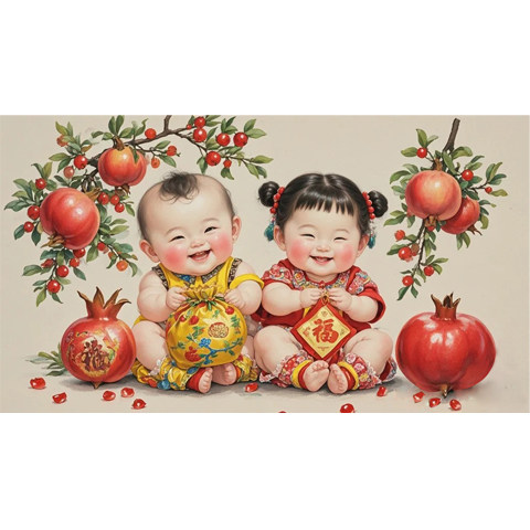 多子多福龙凤呈祥双胞胎胖娃娃年画娃娃宝宝画报胎教海报画婴儿画