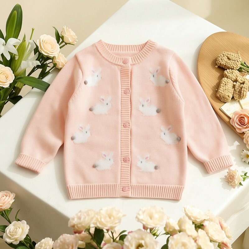 甜美风女童兔子卡通针织开衫粉色纯棉线毛衣新款宝宝春秋洋气外套