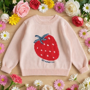 女童毛衣春秋薄款针织衫外套儿童毛衣新款韩版宝宝卡通草莓套头衫