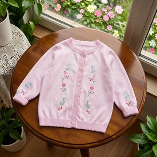 特价韩版粉色小花刺绣女童针织衫开衫棉线春秋洋气女宝宝毛衣外套
