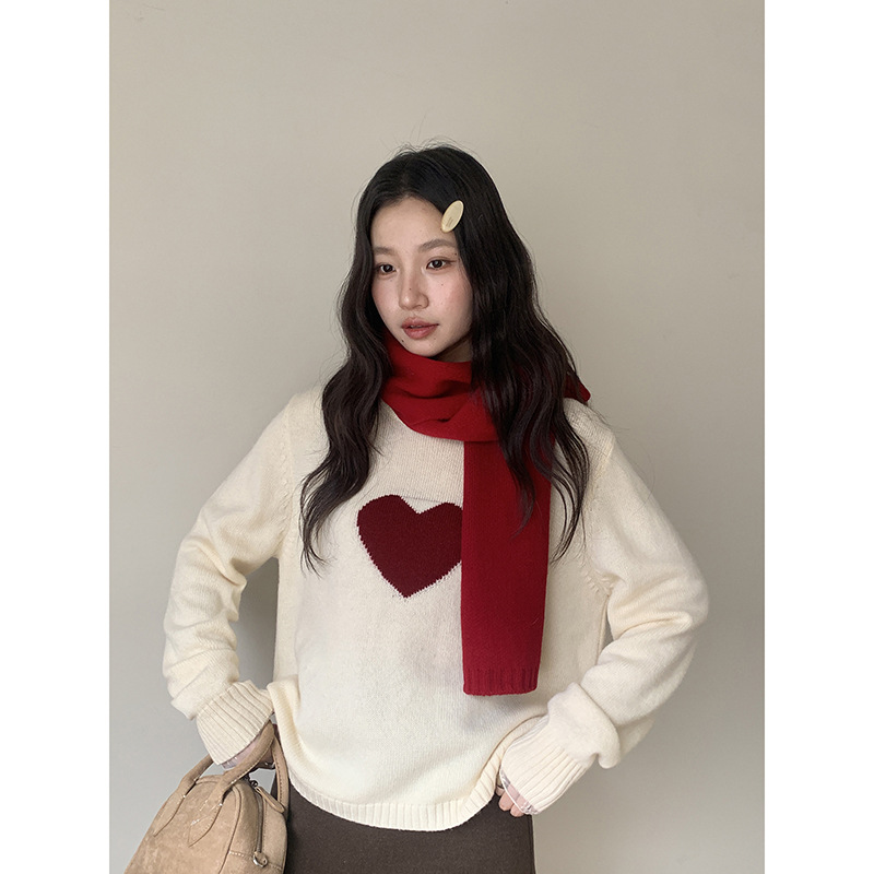 韩系爱心提花毛衣女冬季宽松