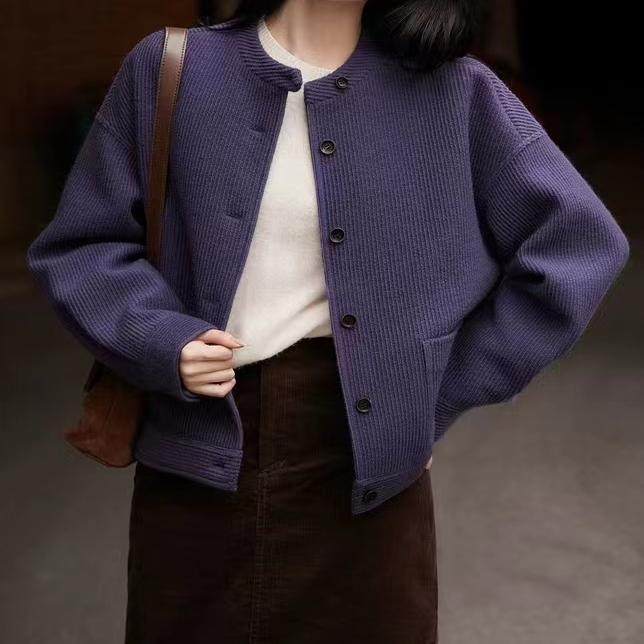 复古多洛塔紫色圆领外套羊毛圆领毛呢短外套女H24-S1155