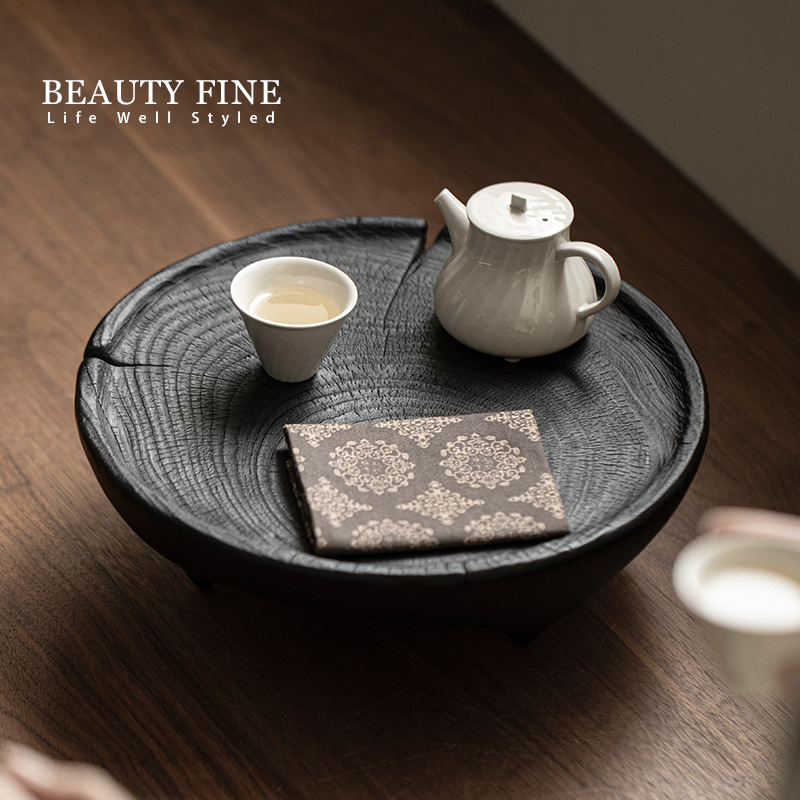 柏斐家饰 实木炭烧壶承 侘寂风干泡盘 茶壶底座 樟木茶台小茶几