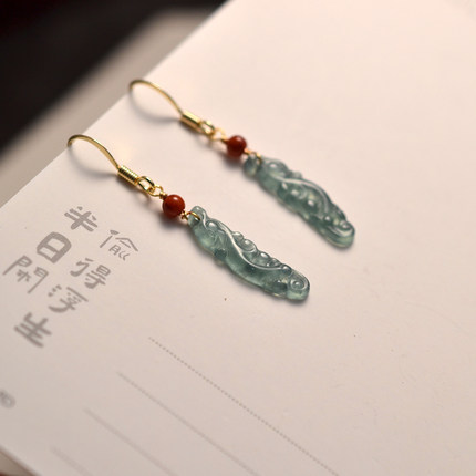 925银镀金新中式天然蓝水翡翠如意牌搭配南红国风耳坠耳环古风