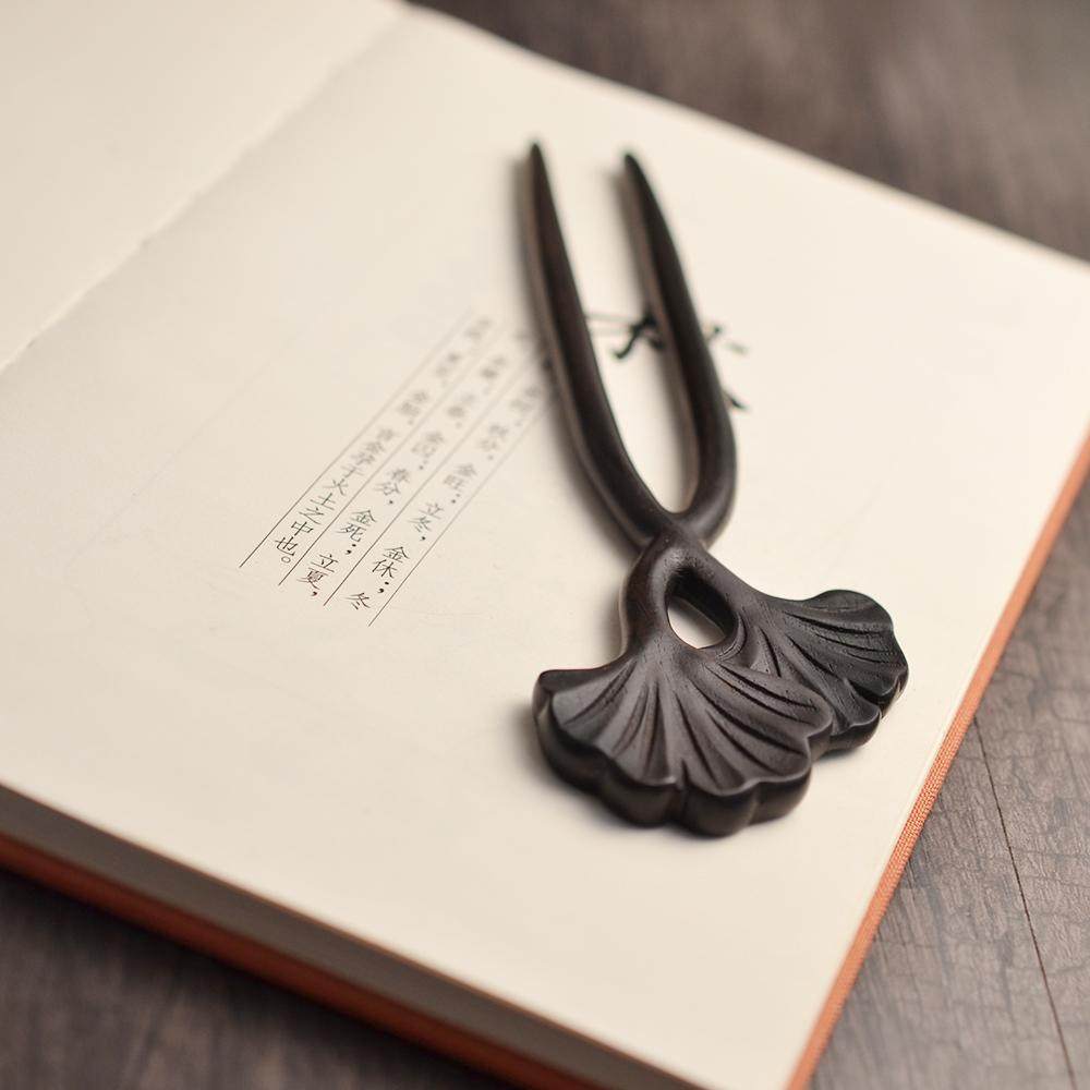 黑檀木发簪盘发复古典发饰头饰簪子古风古典双面杏叶双股钗发钗