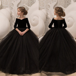 女童丝绒长袖生日晚宴公主裙儿童大提琴模特走秀钢琴表演出晚礼服