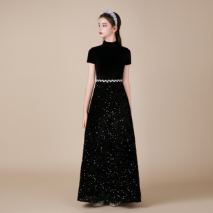 少女中大童黑色丝绒亮片立领小提琴演奏钢琴主持人长笛演出晚礼服