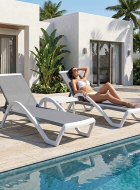 户外躺床白色露天防水酒店泳池躺椅带伞日光床民宿海边休闲沙滩床