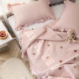 韩国全棉小熊床盖单件三件套纯棉床单加厚儿童绗缝女孩多功能被子