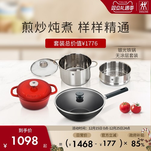 德国双立人0涂层锅具套装Silver银光铁精铁炒锅铸铁不锈钢蒸奶锅