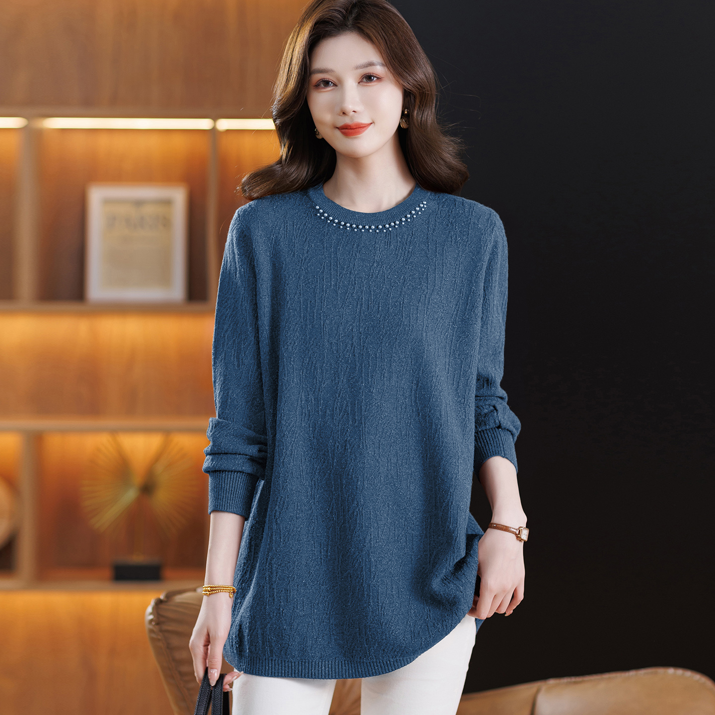 2025秋冬新款圆领中长款包臀大码女装毛衣宽松百搭羊毛针织打底衫