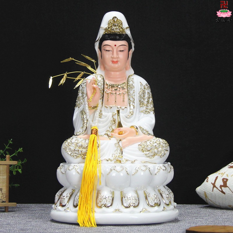 12/16寸中式汉白玉金描观世音菩萨坐全莲观音滴水观音佛像摆件