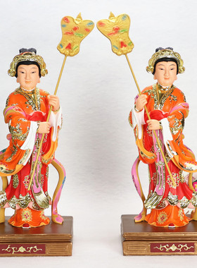 中式多规格七彩玉皇大帝宫女像左右侍女佛堂桌面寺庙树脂神像摆件