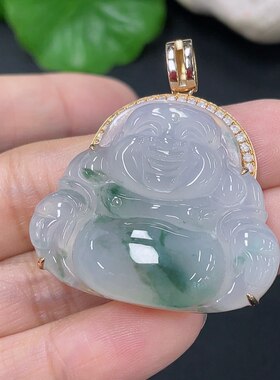 翡翠天然A货18K金镶嵌佛公弥勒冰飘花吊坠坠子12克32MM