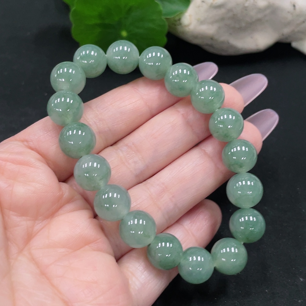 翡翠天然A货糯冰种飘花圆珠手串10.5MM