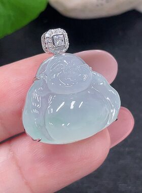 翡翠天然A货18K金镶嵌佛公弥勒吊坠坠子6克22.5MM