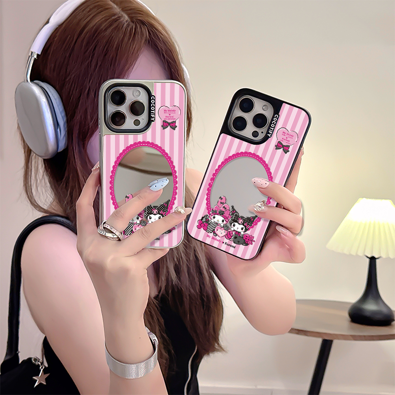 条纹镜子适用苹果16promax手机壳iPhone15pro新款美乐蒂14plus女款13pro高级感12全包防摔17软边16pro保护套