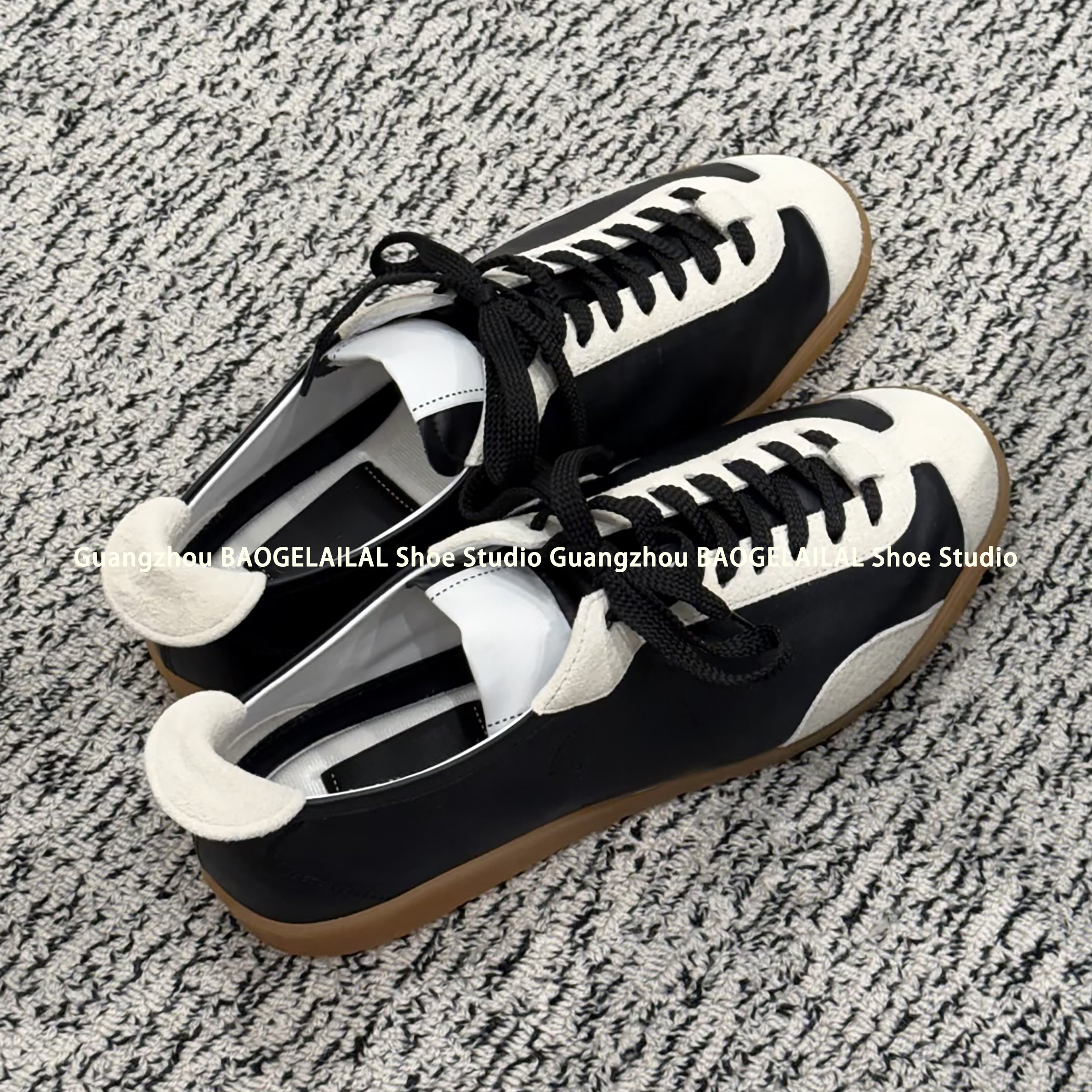 顶版~26P新款小香风真皮黑白拼色德训鞋女薄底系带百搭休闲运动鞋,女鞋,德训鞋,淘宝优惠券,粉丝福利购,淘宝优惠卷