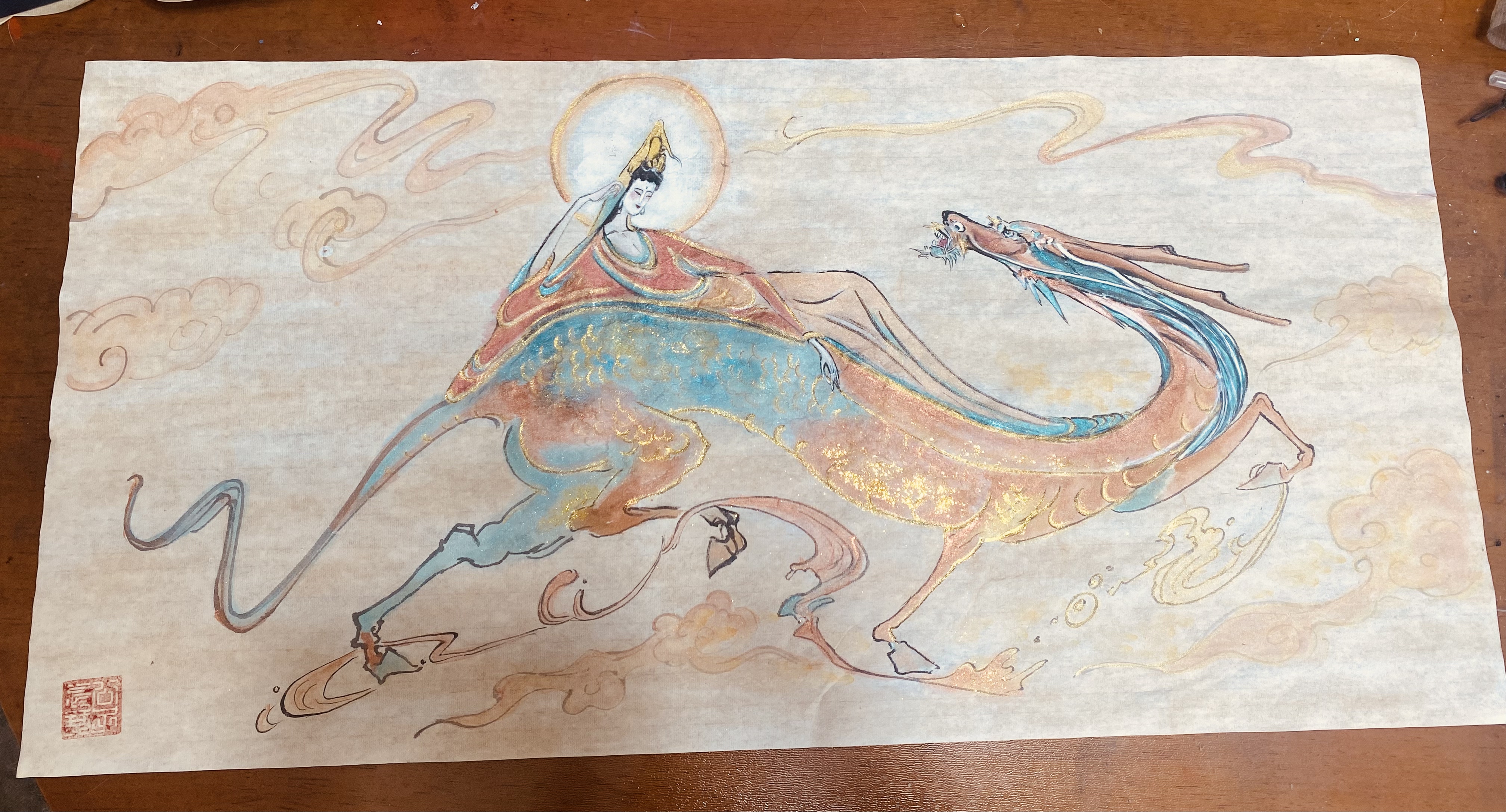 纯手绘敦煌风祥龙观音国画宣纸彩绘新中式玄关茶室装饰挂画