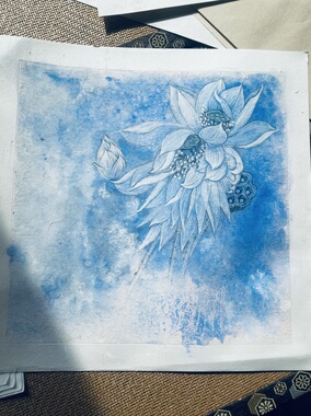 纯手绘国画水墨画同枝清荷图装饰画客厅书房装饰画蓝莲并蒂同心图