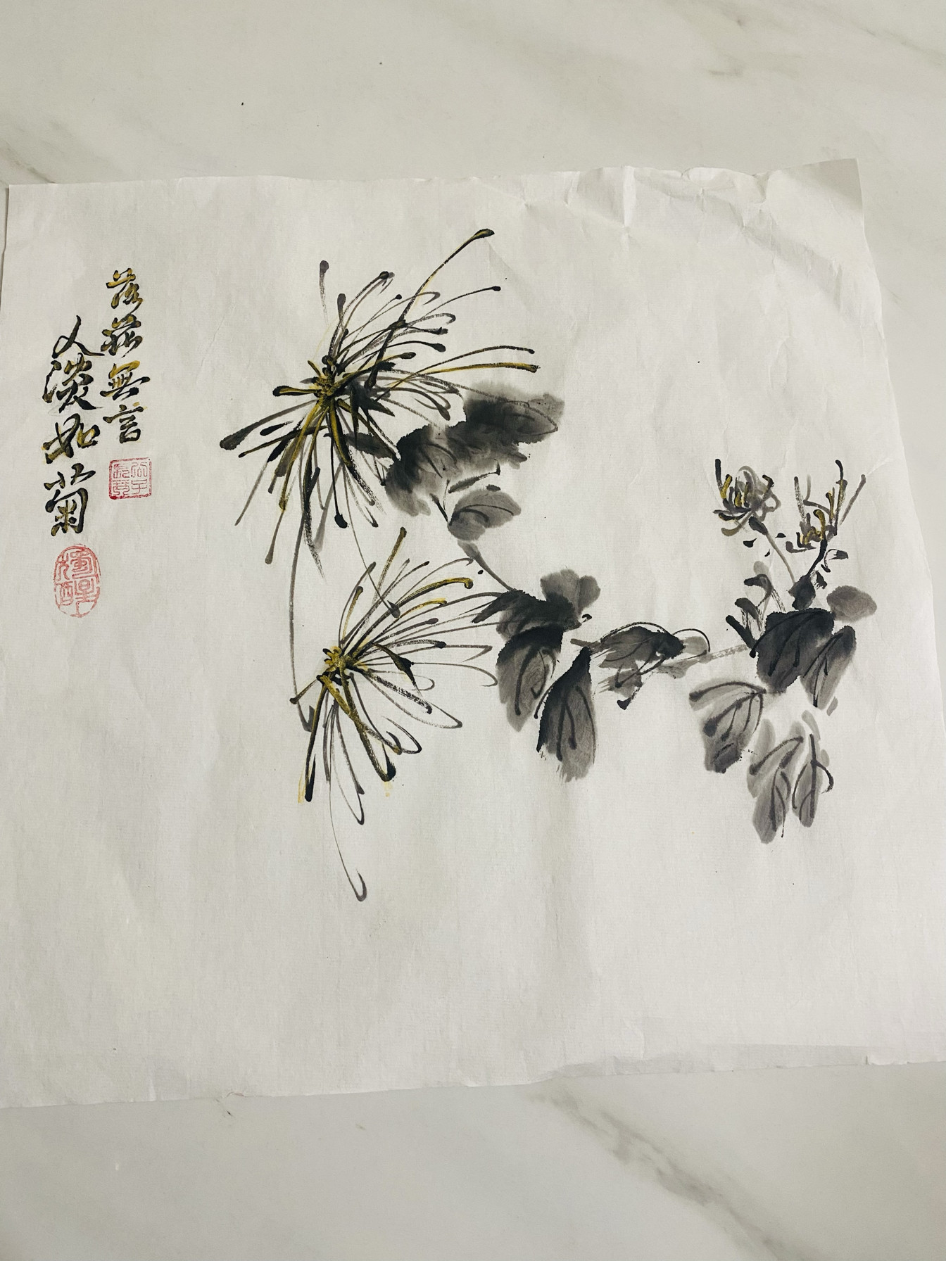 纯手绘国画写意水墨菊花 落花无言 人淡如菊 墨菊装饰画