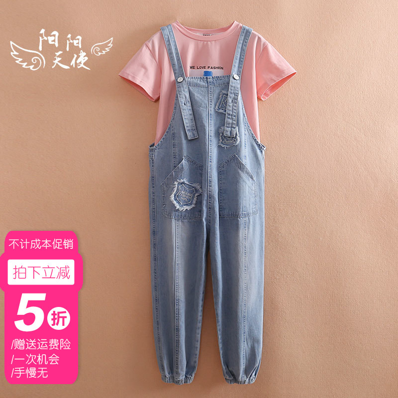 女童牛仔背带九分裤中大童女孩外穿休闲裤子10夏季15岁短袖套装14