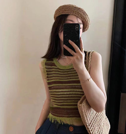 复古黄绿条纹流苏圆领无袖镂空薄款针织吊带背心女修身甜美短上衣