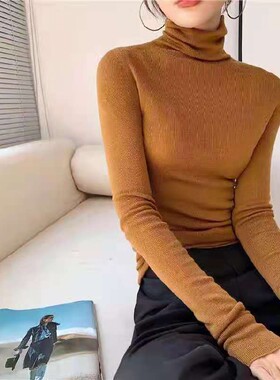 高领长袖细羊毛针织衫女弹力