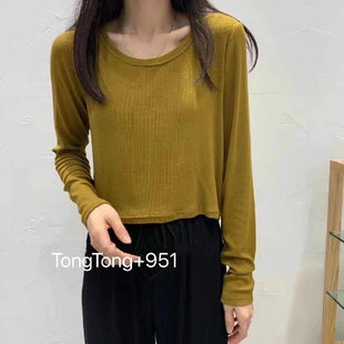 复古姜黄粉紫灰咖色圆领长袖螺纹T恤女弹力打底衫短款漏脐上衣秋