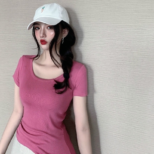 姜黄绿玫粉紫枣红色U领短袖螺纹T恤女弹力打底衫修身显瘦上衣夏装