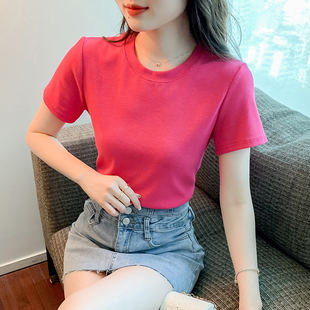 基础姜黄草绿粉紫圆领短袖棉T恤女修身百搭打底衫学生可爱上衣