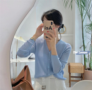 简约姜黄粉蓝果绿色V领长袖曲珠薄款单排扣针织开衫防晒上衣女夏