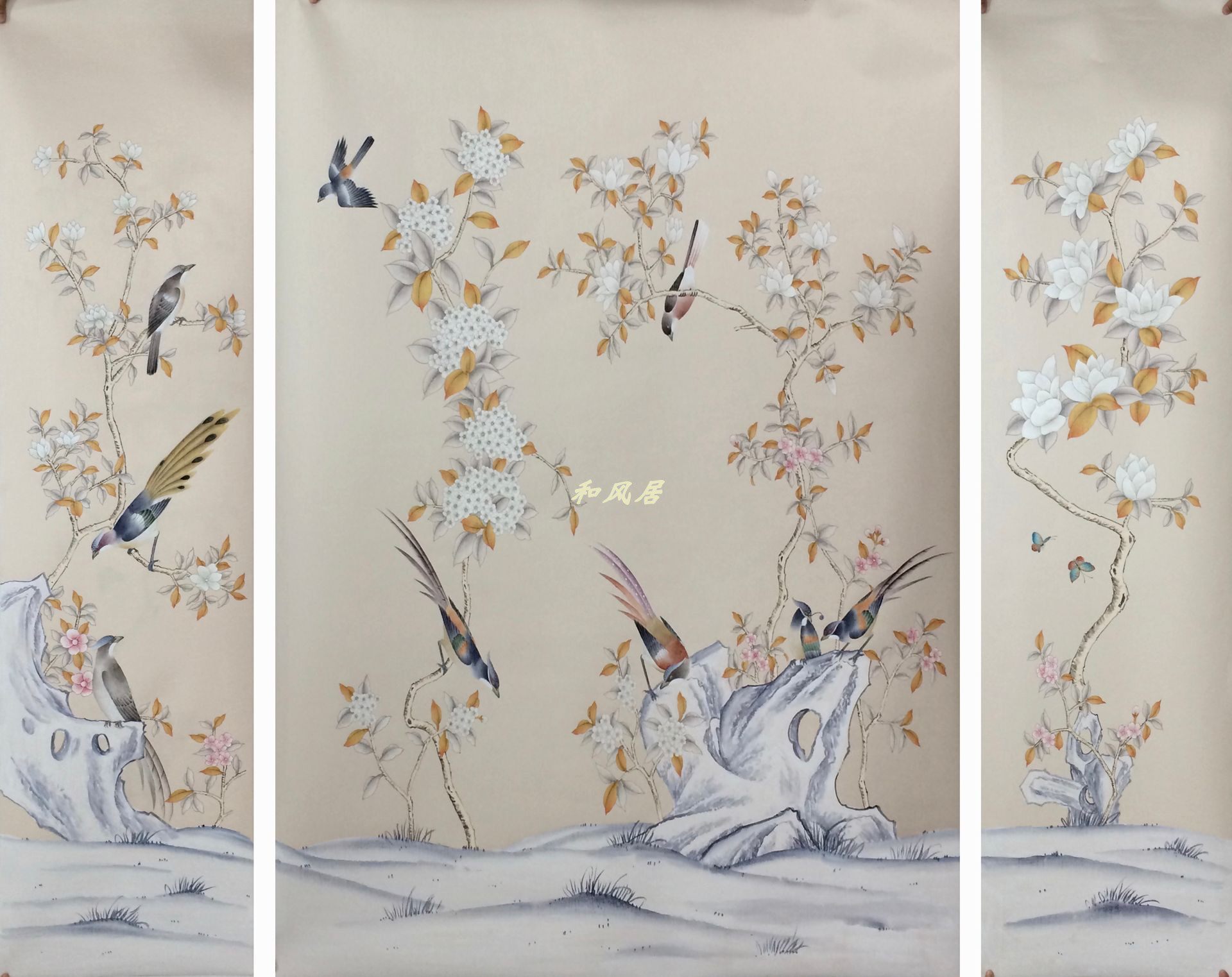真丝手绘中国风工笔花鸟米色丝绸墙布餐厅客厅卧室背景墙软包硬包